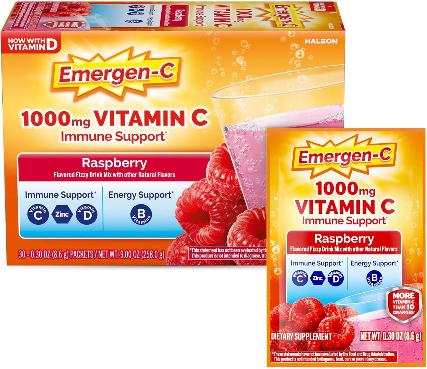 Emergen-C 1000mg Vitamin C Immune Support Powder, Raspberry Flavour, 30 Sachets - görsel 1
