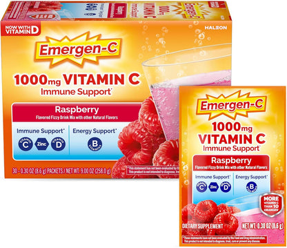 Emergen-C 1000mg Vitamin C Immune Support Powder, Raspberry Flavour, 30 Sachets