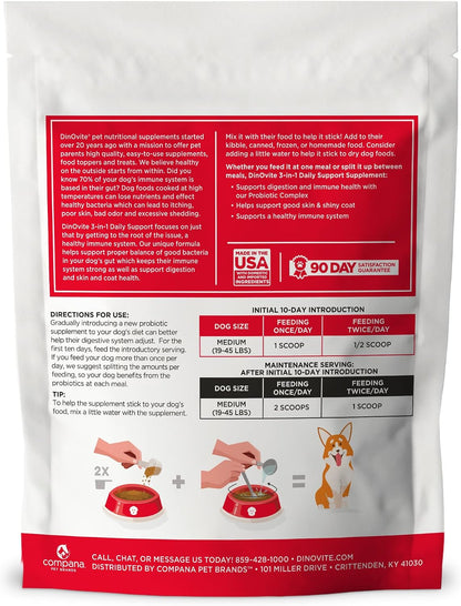 Dinovite Probiotics for Dogs, Probiotic Powder Food Topper for Medium Dogs (8-20 kg), Daily Digestive Health and Skin Support with Omega-3s, 90 Servings