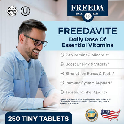 Freedavite Tiny Tablet - Moderate Multivitamin for Men and Women - Pure Vitamin A, C, D, E, B1, B2, B6, B12, Biotin, Calcium, Zinc, Iron, Magnesium, Manganese, Copper, Selenium, Iodine - 250 Tablets