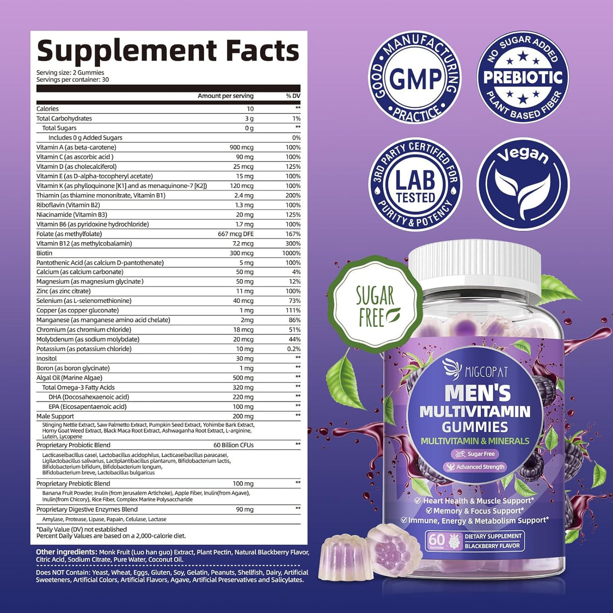 Men's Multivitamin Gummies with Omega-3, Probiotics & Methylated B Vitamins – Sugar-Free Blackberry - görsel 2