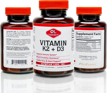 Olympian Labs Vitamin K2 + D3, 60 Vegan Capsules - Supports Bone, Immune & Heart Health