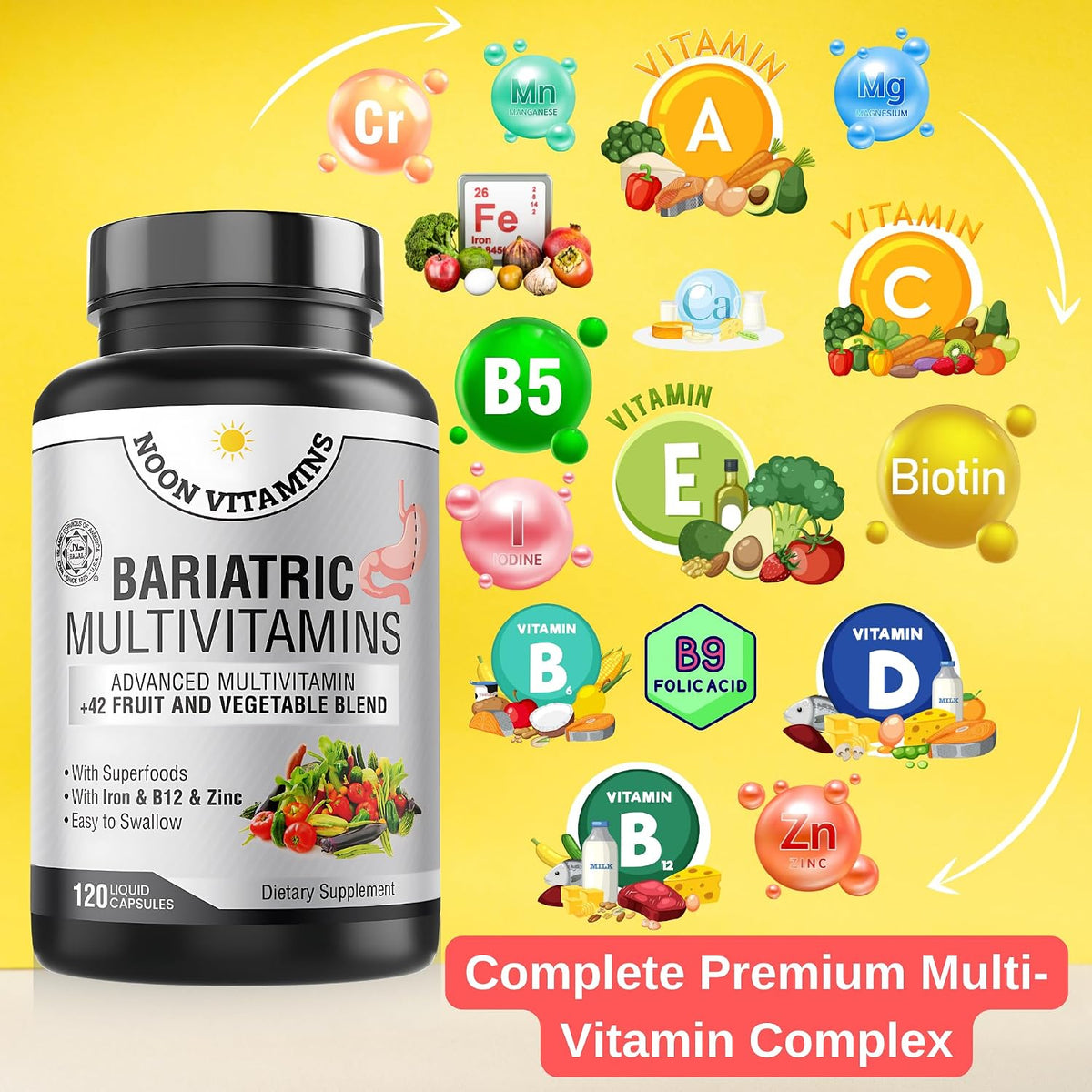 Bariatric Multivitamin with Iron for Women & Men - All-in-One 42 Superfood Blend for Energy & Immune Support - Post-Surgery Recovery, Easy-to-Swallow, Halal, Made in USA (120 Liquid Capsules) - görsel 4