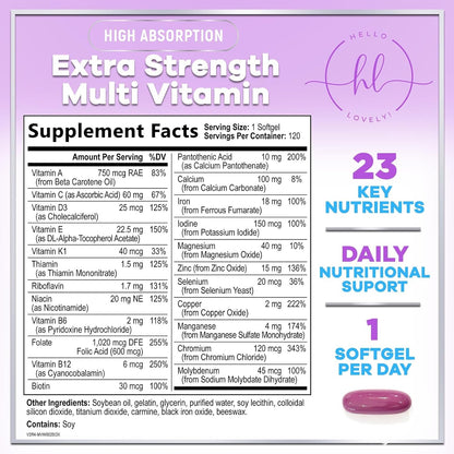 Hello Lovely! Women's Multivitamin - Complete Daily Food Supplement with Biotin, Calcium, Folic Acid, Iron, Zinc, Vitamins A, C, D, E & B - 120 Softgels