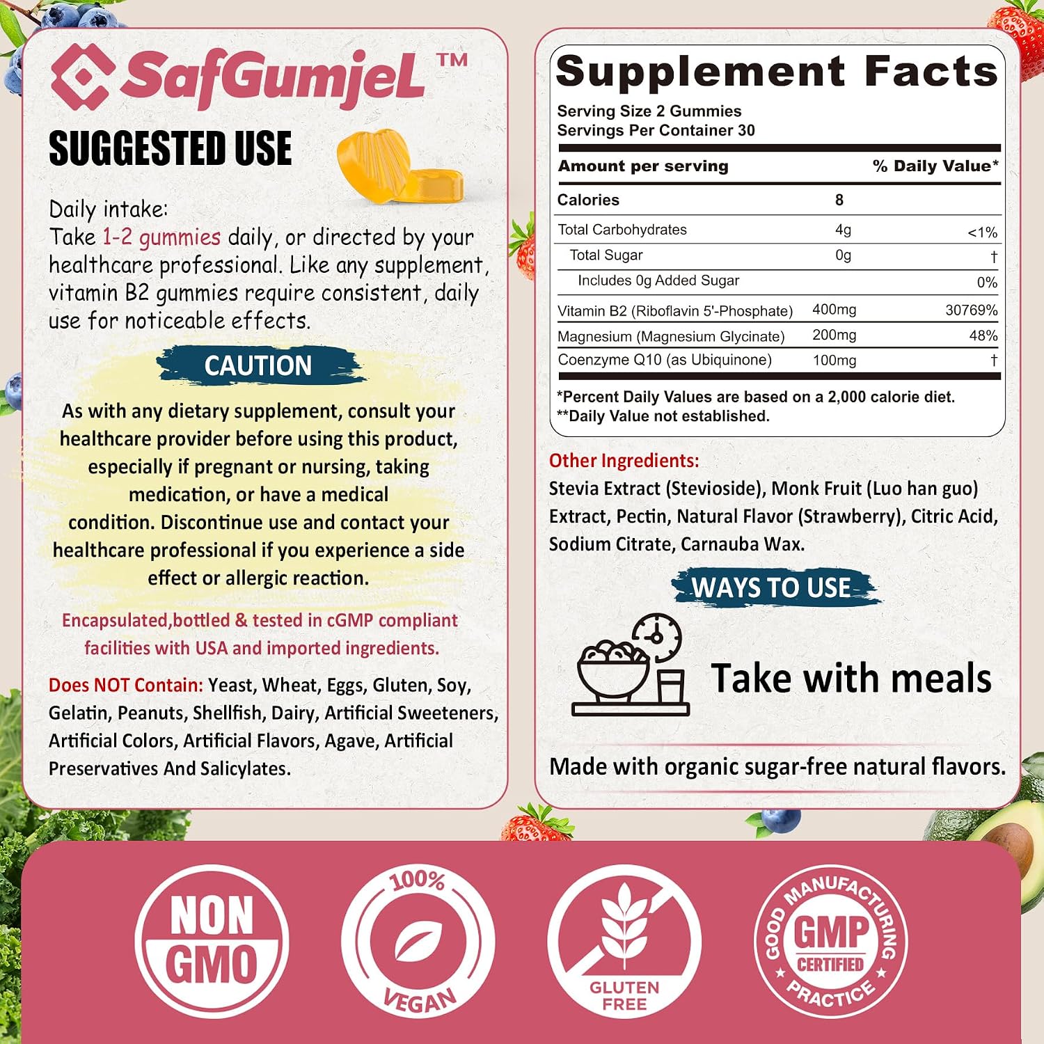 Vitamin B2 Gummies | Riboflavin 400mg with Magnesium and CoQ10 | Sugar-Free, Vegan, Strawberry Flavour, 60 Gummies - görsel 2