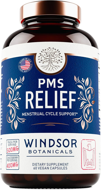 Windsor Botanicals PMS Support Supplement - Chasteberry, Maca Root, Ashwagandha - Period Relief & Mood Support - 60 Vegan Capsules