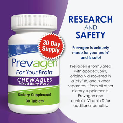 Prevagen Regular Strength Mixed Berry Chewables – 60 Tablets – 10mg Apoaequorin + Vitamin D3