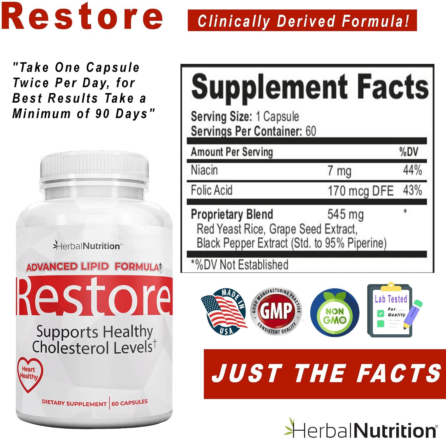 Restore - Heart Health & Cholesterol Support Food Supplement with Red Yeast Rice, Grape Seed Extract, Folic Acid and Niacin, 60 Capsules - görsel 6