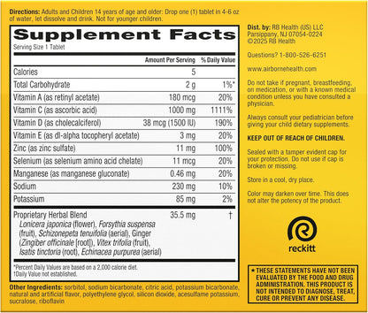 Airborne Immune Support Effervescent Tablets, Zesty Orange Flavour - 30ct with 1000mg Vitamin C + Vitamins A, D, E, Zinc, Selenium, Manganese & Herbal Blend - Sugar‑Free, Gluten‑Free