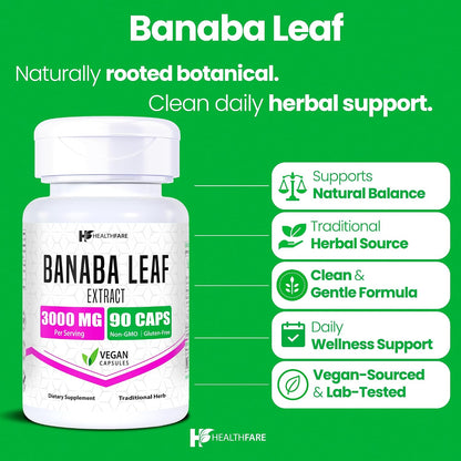 Healthfare Banaba Leaf Extract Capsules 3000mg | 90 Vegan Pills | Standardised with Corosolic Acid | Non-GMO, Gluten-free | Made in USA