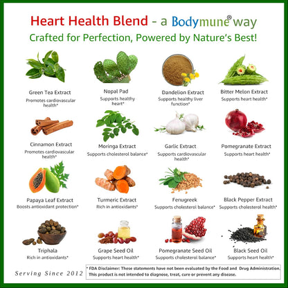 Bodymune Heart Health Blend – Organic Cardiovascular & Circulation Supplement with Green Tea, Pomegranate & Black Seed Oil – 60 Capsules