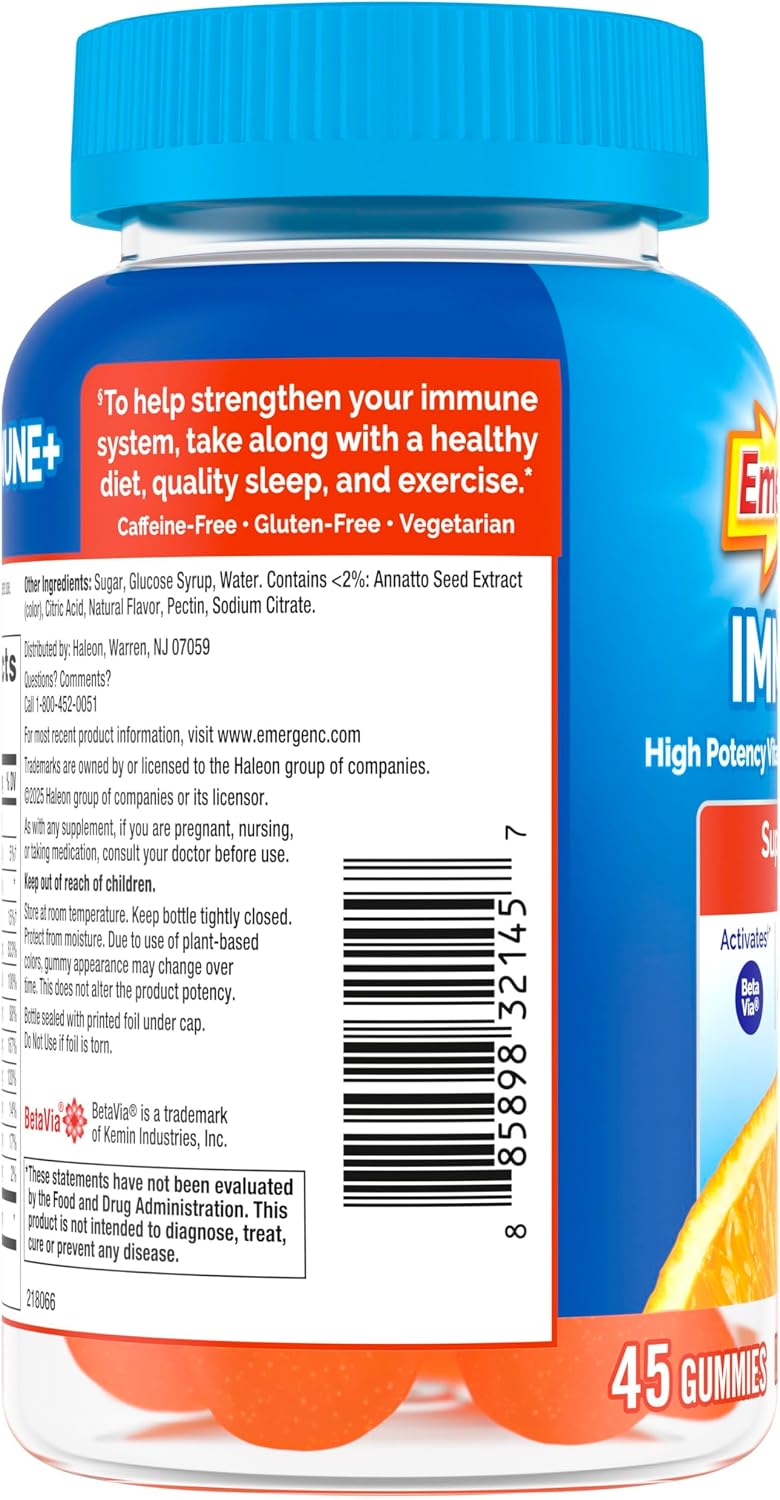 Emergen-C Immune+ Triple Action Immune Support Gummies with BetaVia, 750mg Vitamin C, B Vitamins, Vitamin D and Antioxidants, Super Orange Flavour - 45 Count - görsel 9