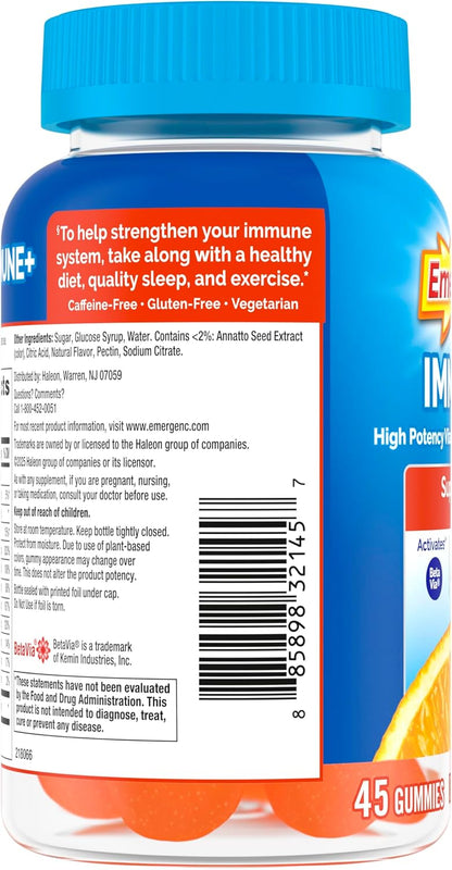 Emergen-C Immune+ Triple Action Immune Support Gummies with BetaVia, 750mg Vitamin C, B Vitamins, Vitamin D and Antioxidants, Super Orange Flavour - 45 Count