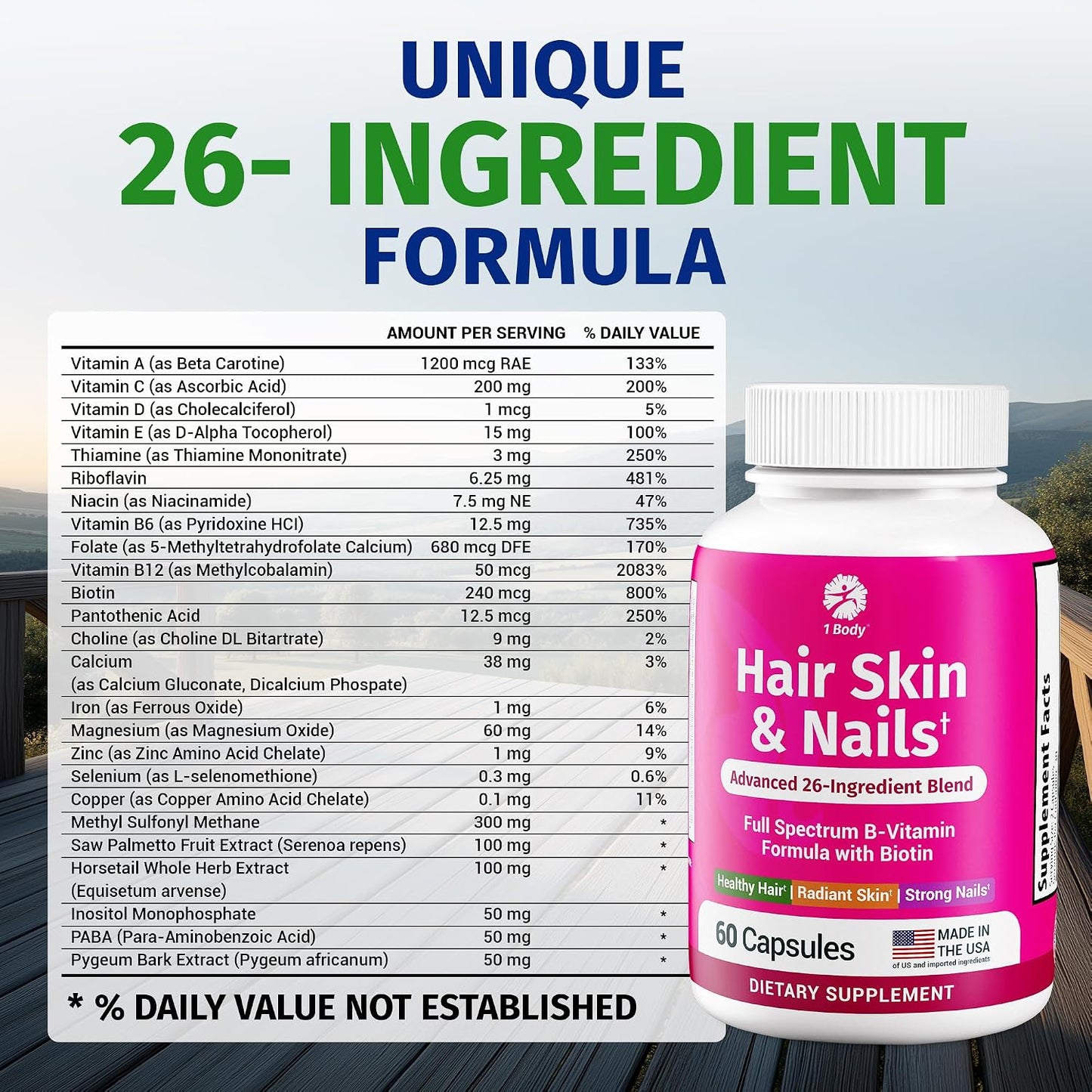 1 Body Hair Skin & Nails with Biotin, Vegan Vitamins, 60 Capsules - görsel 5