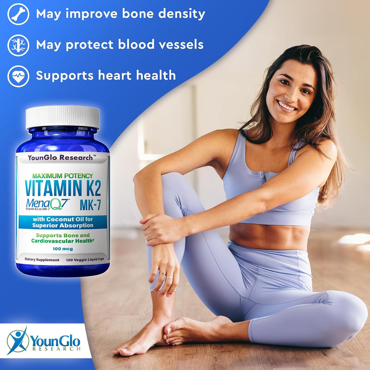 YounGlo Research Vitamin K2 MK7 (MenaQ7) 100 mcg with Coconut Oil - 120 Vegan Liquid Capsules - görsel 4