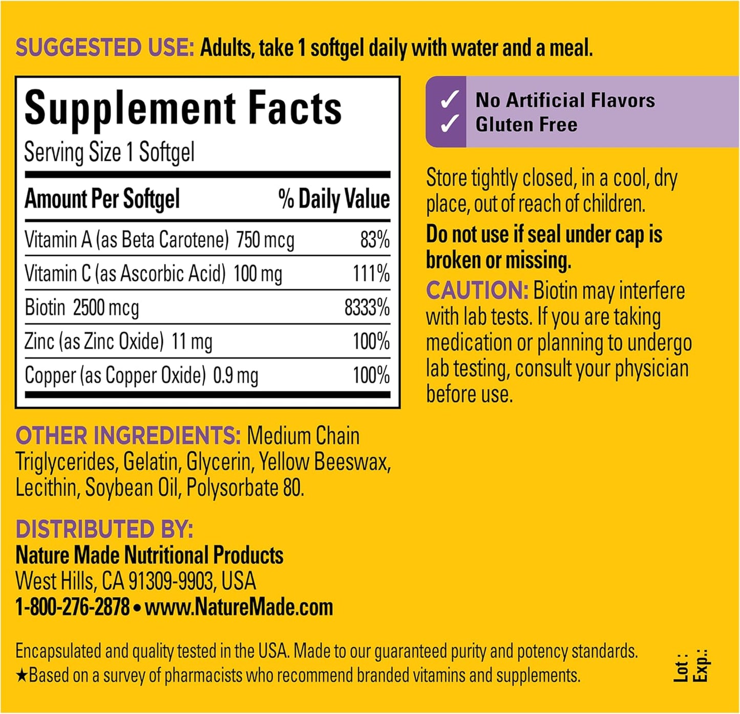 Nature Made Hair, Skin and Nails with Biotin 2500 mcg, 120 Softgels - görsel 8