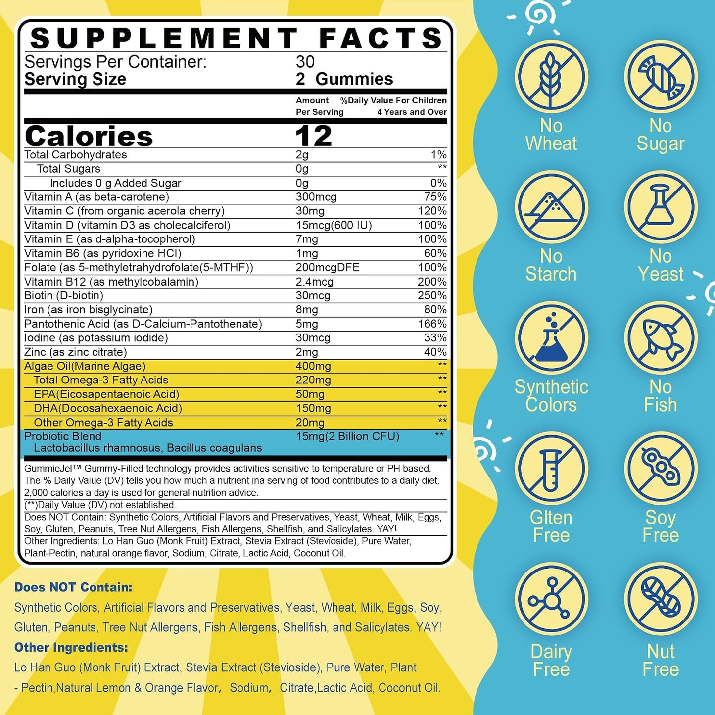 Children's Multivitamin Gummies with Iron – Sugar Free – Daily Vitamins + Probiotics & Algae Omega-3 - görsel 2