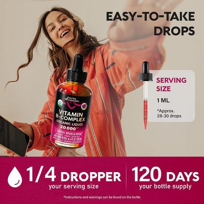 Organic Vitamin B-Complex Liquid Drops – B5 Pantothenic Acid, B12 Methylcobalamin, B1 Thiamine, B6 Pyridoxine, B7 Biotin, B9 Folic Acid, B3 Niacinamide – Natural Berry Flavour, 118 ml