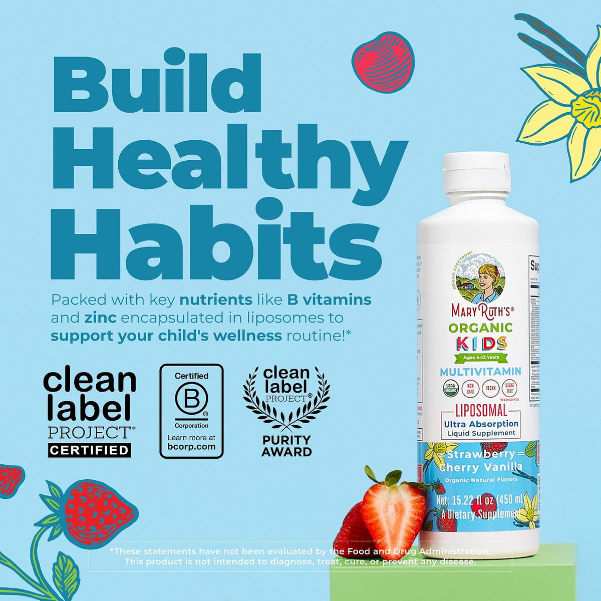 MARYRUTH'S Organic Kids Multivitamin Liposomal | Sugar Free Multivitamin for Kids | Immune Support | Bone Health | Cognitive Support | Overall Wellness | USDA Organic | Vegan | Non-GMO | 450 ml - görsel 2