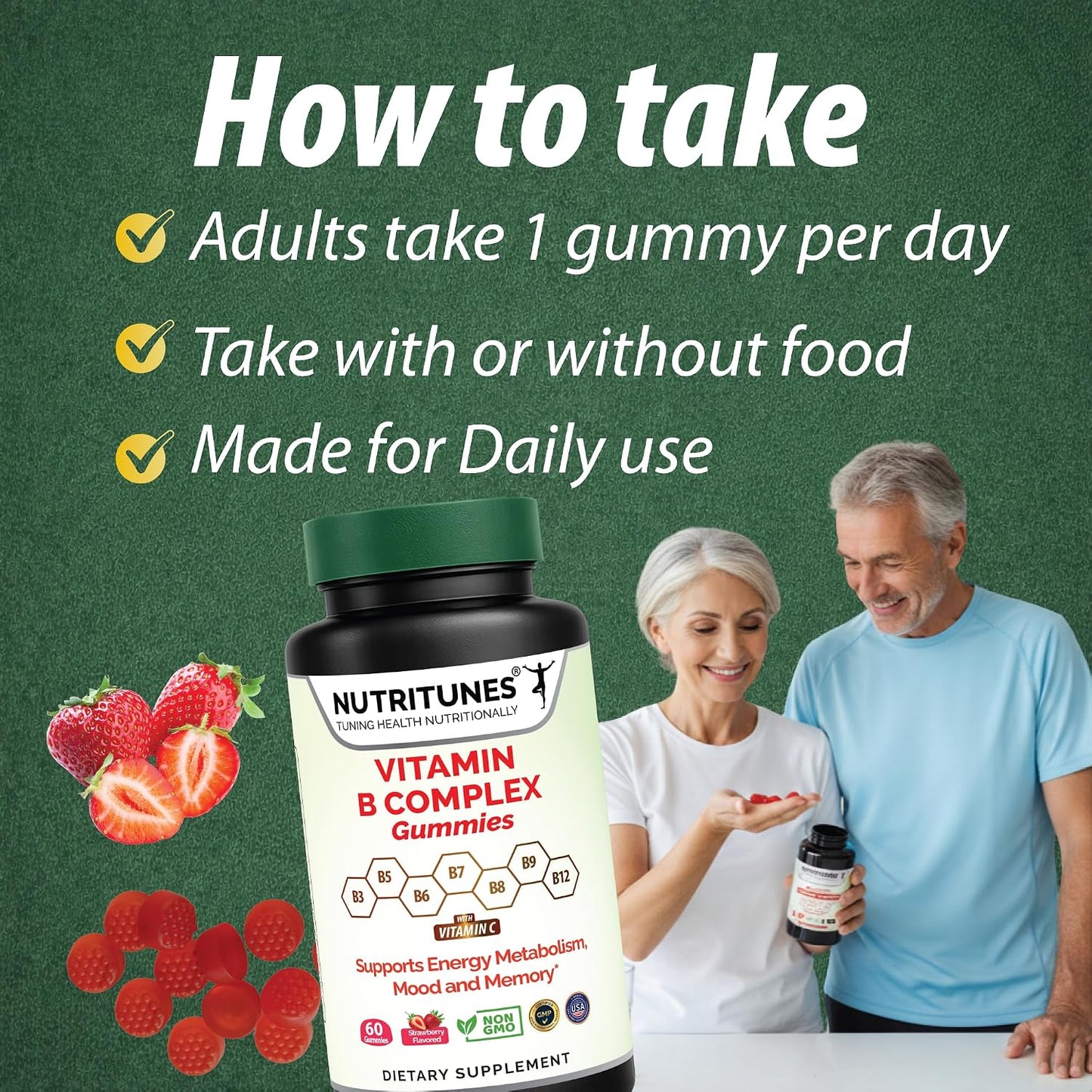 Nutritunes Vitamin B Complex Gummies - High Potency with Methyl B12, Folate, Biotin & Vitamin C - 60 Gummies - görsel 7