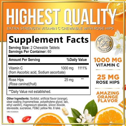 Hello Lovely! Vitamin C 1000mg Chewable Tablets with Rose Hips & Bioflavonoids - 120 Tablets