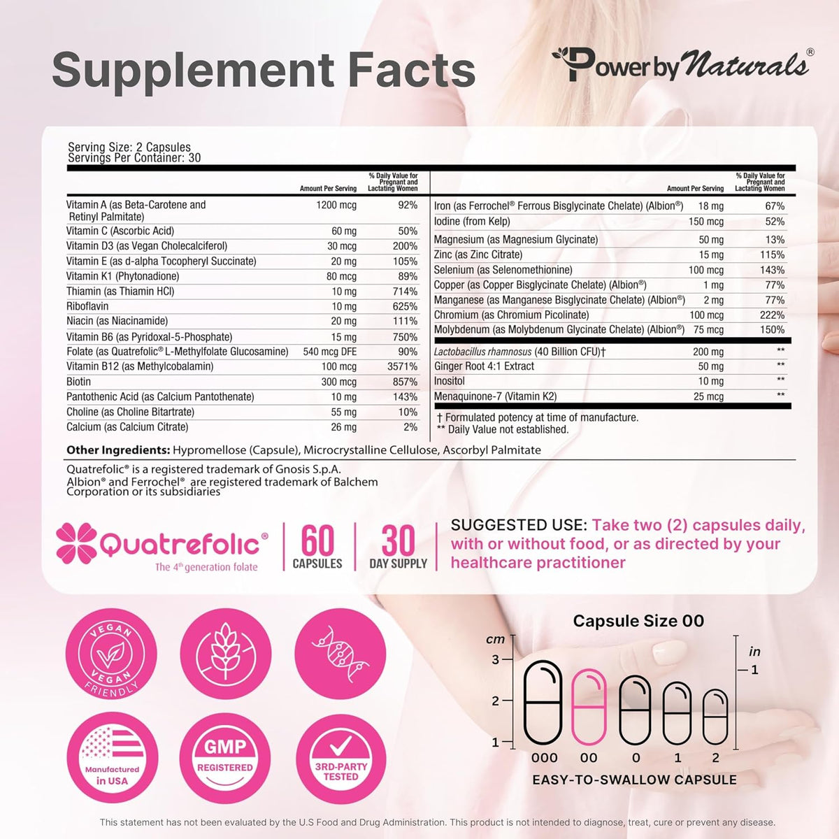 Power By Naturals Methyl Prenatal with Probiotics – Vegan Prenatal Vitamins with Iron, Methyl Folate & B12 – 60 Capsules - görsel 2