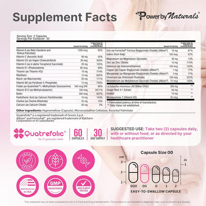 Power By Naturals Methyl Prenatal with Probiotics – Vegan Prenatal Vitamins with Iron, Methyl Folate & B12 – 60 Capsules