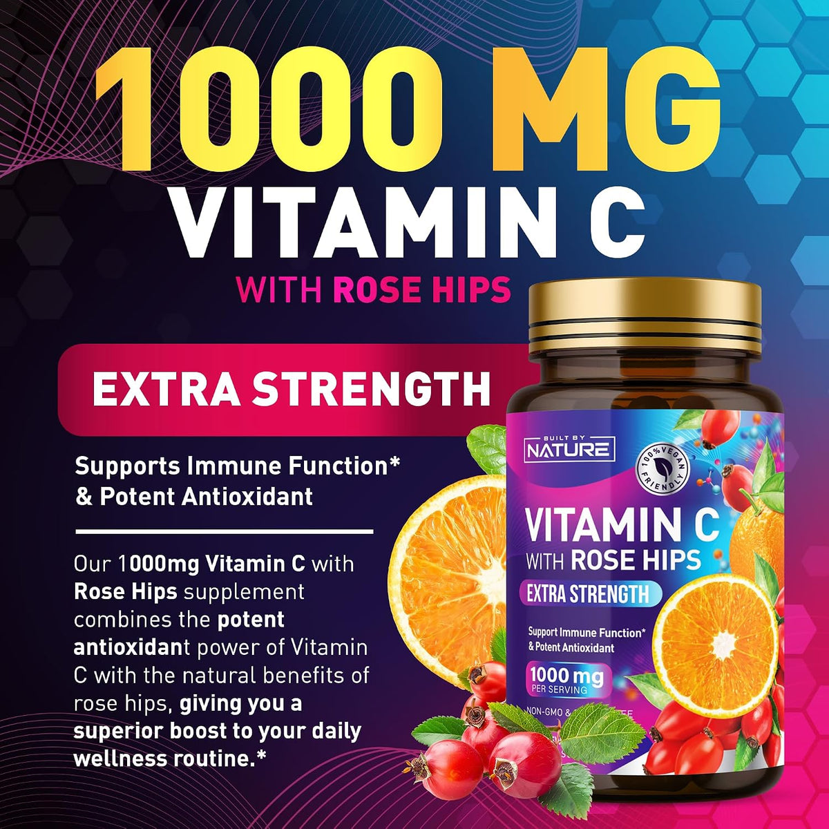 Built by Nature Chewable Vitamin C with Rose Hips – 1000mg Immune Support – Orange Flavour – 60 Tablets - görsel 2