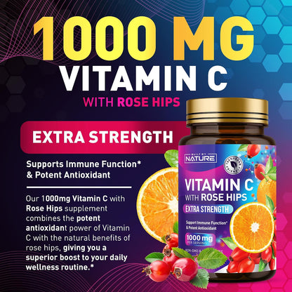 Built by Nature Chewable Vitamin C with Rose Hips – 1000mg Immune Support – Orange Flavour – 60 Tablets