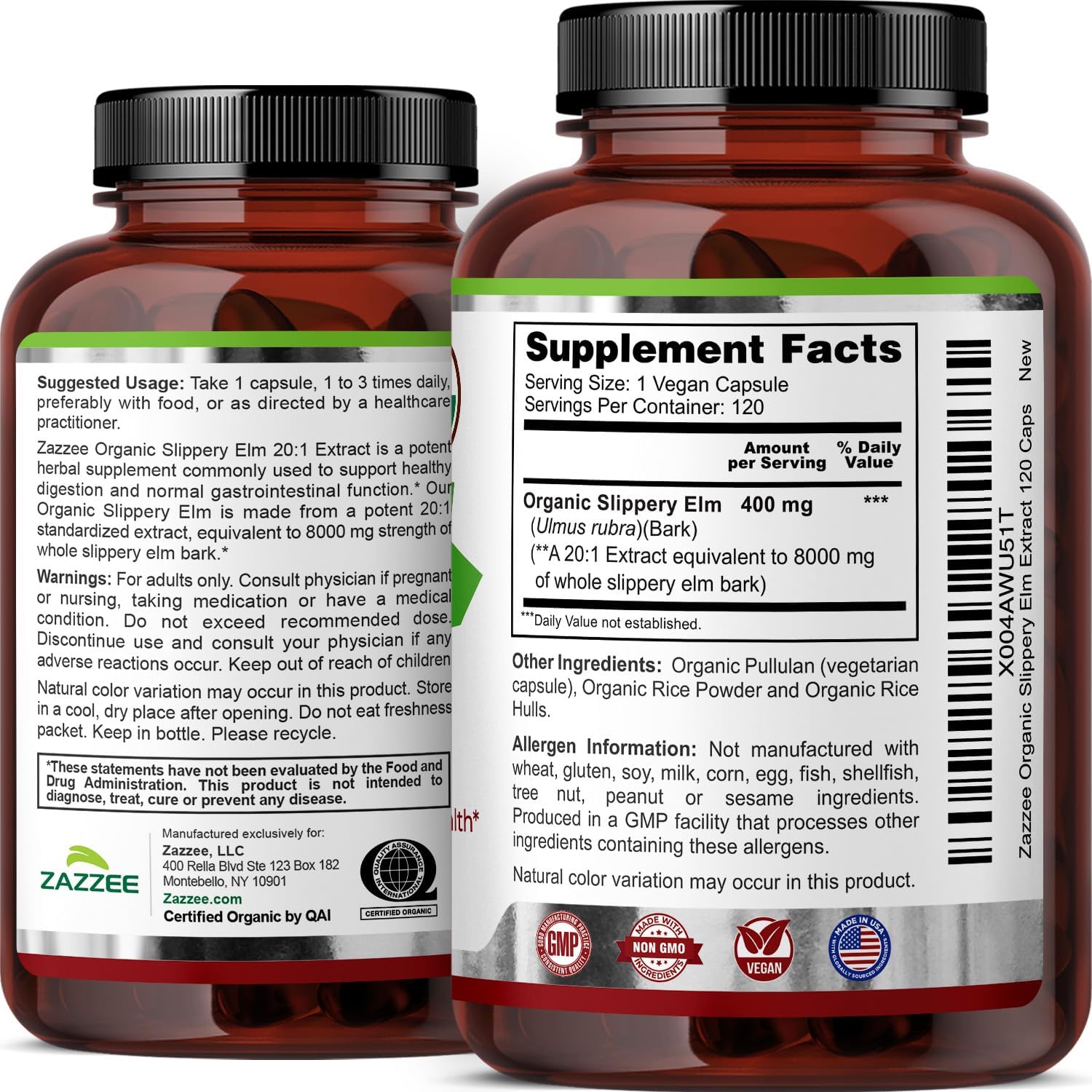 Zazzee USDA Organic Slippery Elm Bark 20:1 Extract, 120 Vegan Capsules - görsel 8