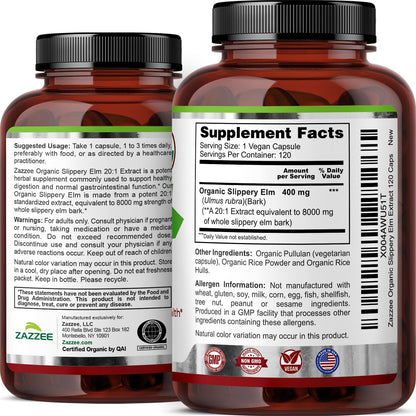 Zazzee USDA Organic Slippery Elm Bark 20:1 Extract, 120 Vegan Capsules