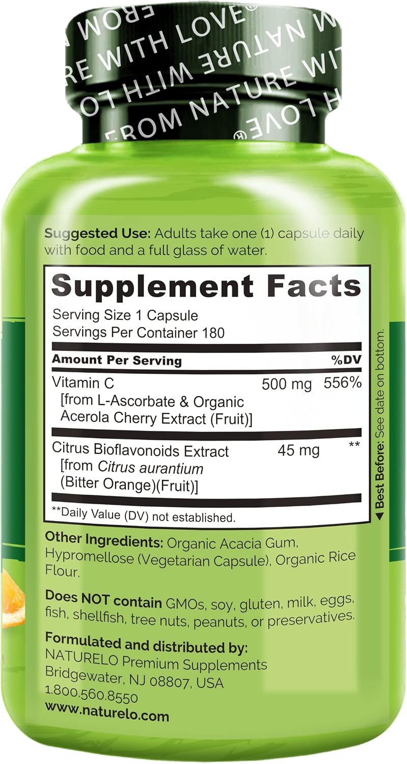 NATURELO Vitamin C with Organic Acerola Cherry and Citrus Bioflavonoids - 500 mg - 180 Vegan Capsules - görsel 3