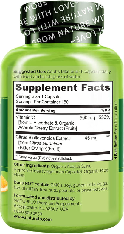 NATURELO Vitamin C with Organic Acerola Cherry and Citrus Bioflavonoids - 500 mg - 180 Vegan Capsules