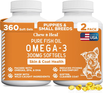 Chew + Heal Labs Wild Caught Omega-3 Fish Oil for Dogs – 300mg Mini Soft gel capsules, 360 Count