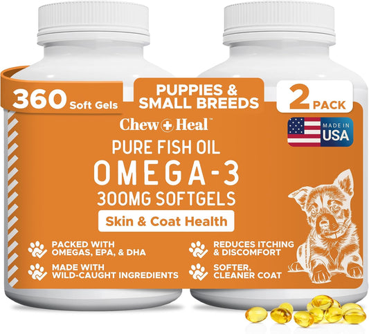 Chew + Heal Labs Wild Caught Omega-3 Fish Oil for Dogs – 300mg Mini Soft gel capsules, 360 Count