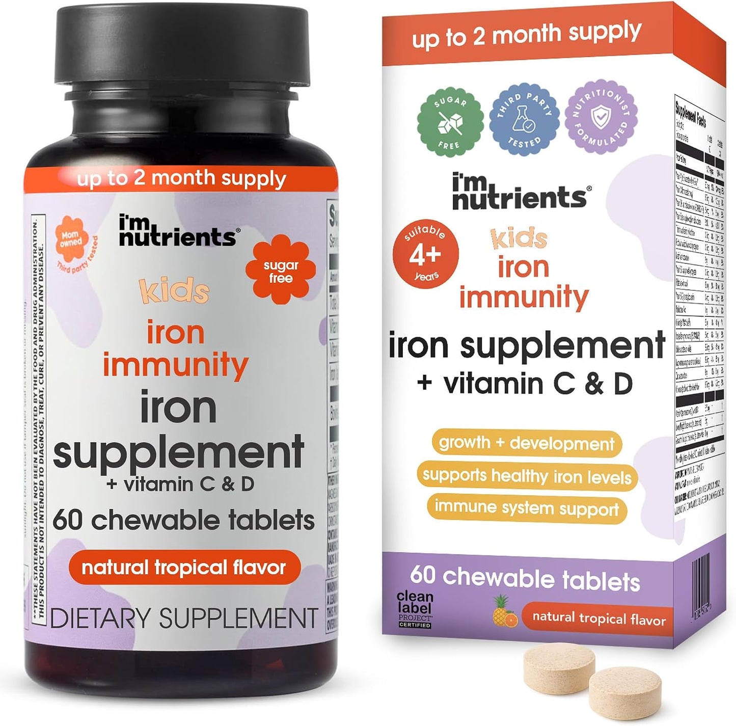 I’m Nutrients Iron Immunity – Kids Iron Supplement with Vitamin C & D3, 60 Chewable Tablets - görsel 1