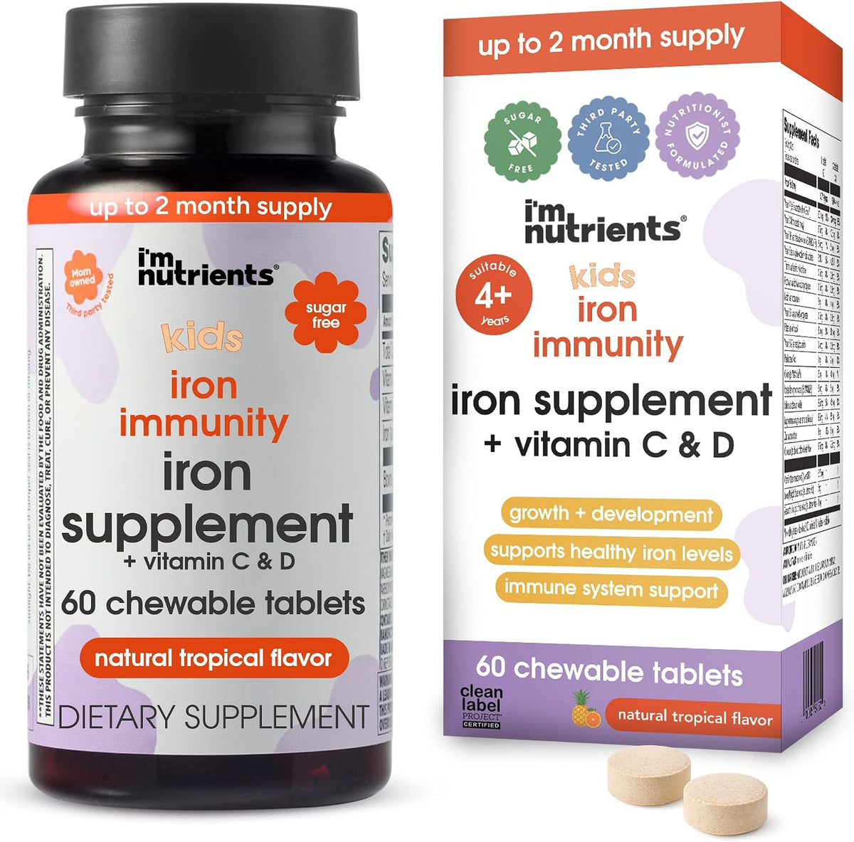 I’m Nutrients Iron Immunity – Kids Iron Supplement with Vitamin C & D3, 60 Chewable Tablets - görsel 1