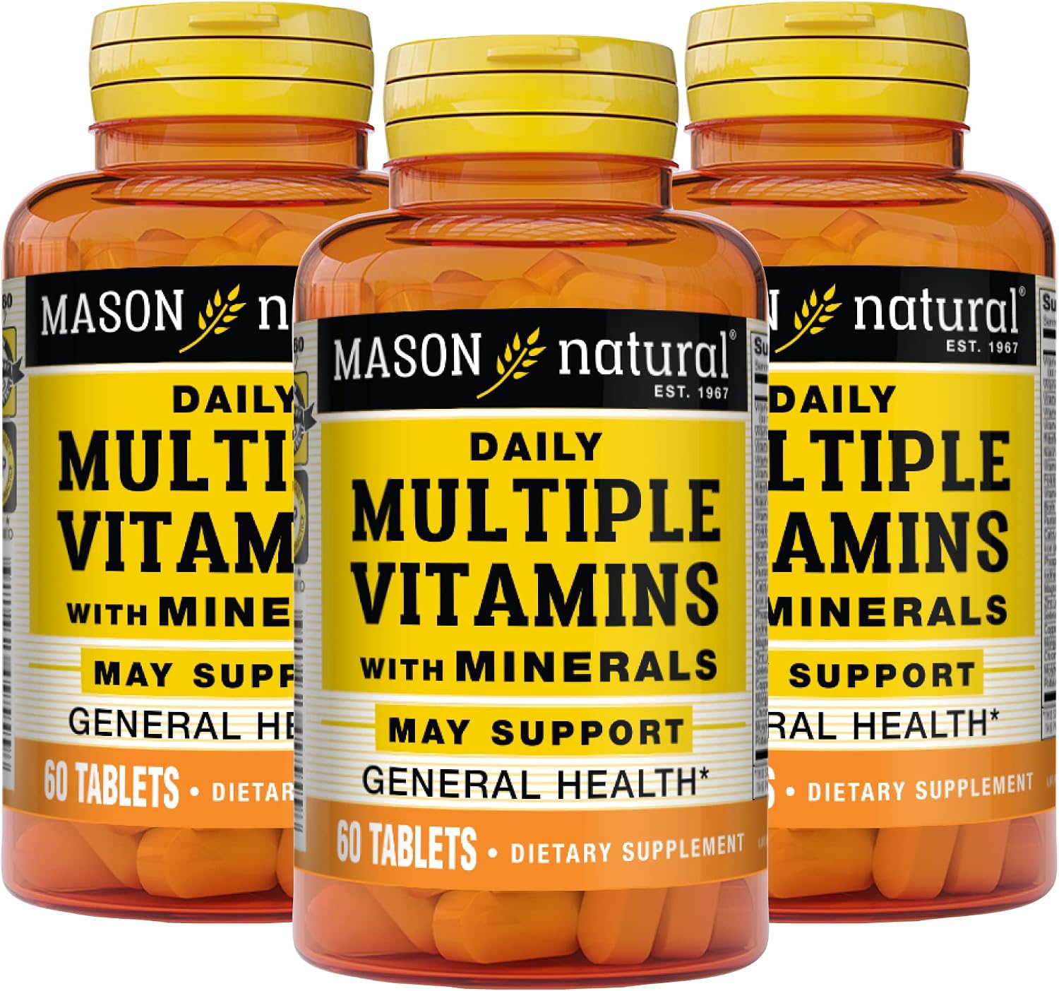 MASON NATURAL Daily Multiple Vitamins with Minerals - 24 Essential Vitamins and Minerals, All in One Multivitamin, Supports Overall Health, 60 Tablets (Pack of 3) - görsel 1