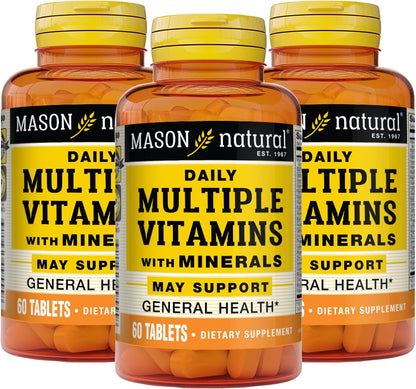 MASON NATURAL Daily Multiple Vitamins with Minerals - 24 Essential Vitamins and Minerals, All in One Multivitamin, Supports Overall Health, 60 Tablets (Pack of 3)