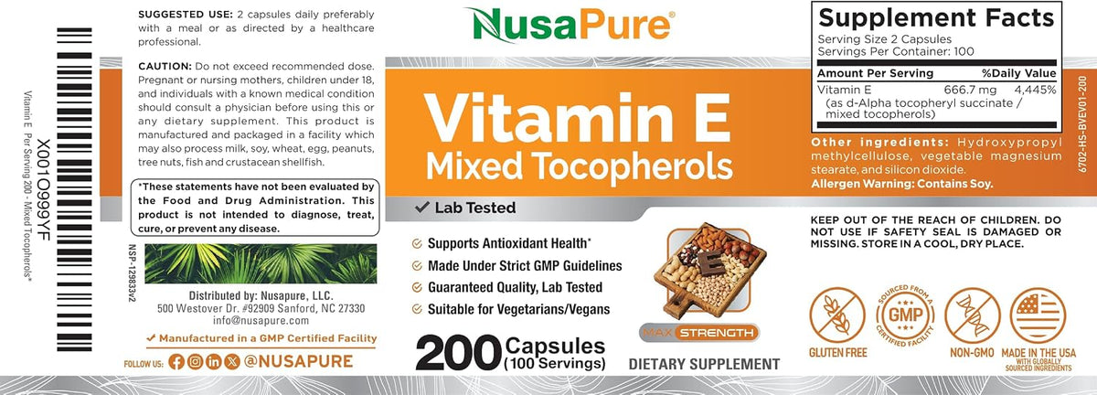 NusaPure Vitamin E Mixed Tocopherols – Vegetarian/Vegan, Non-GMO – 200 Capsules - görsel 4