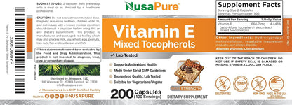 NusaPure Vitamin E Mixed Tocopherols – Vegetarian/Vegan, Non-GMO – 200 Capsules