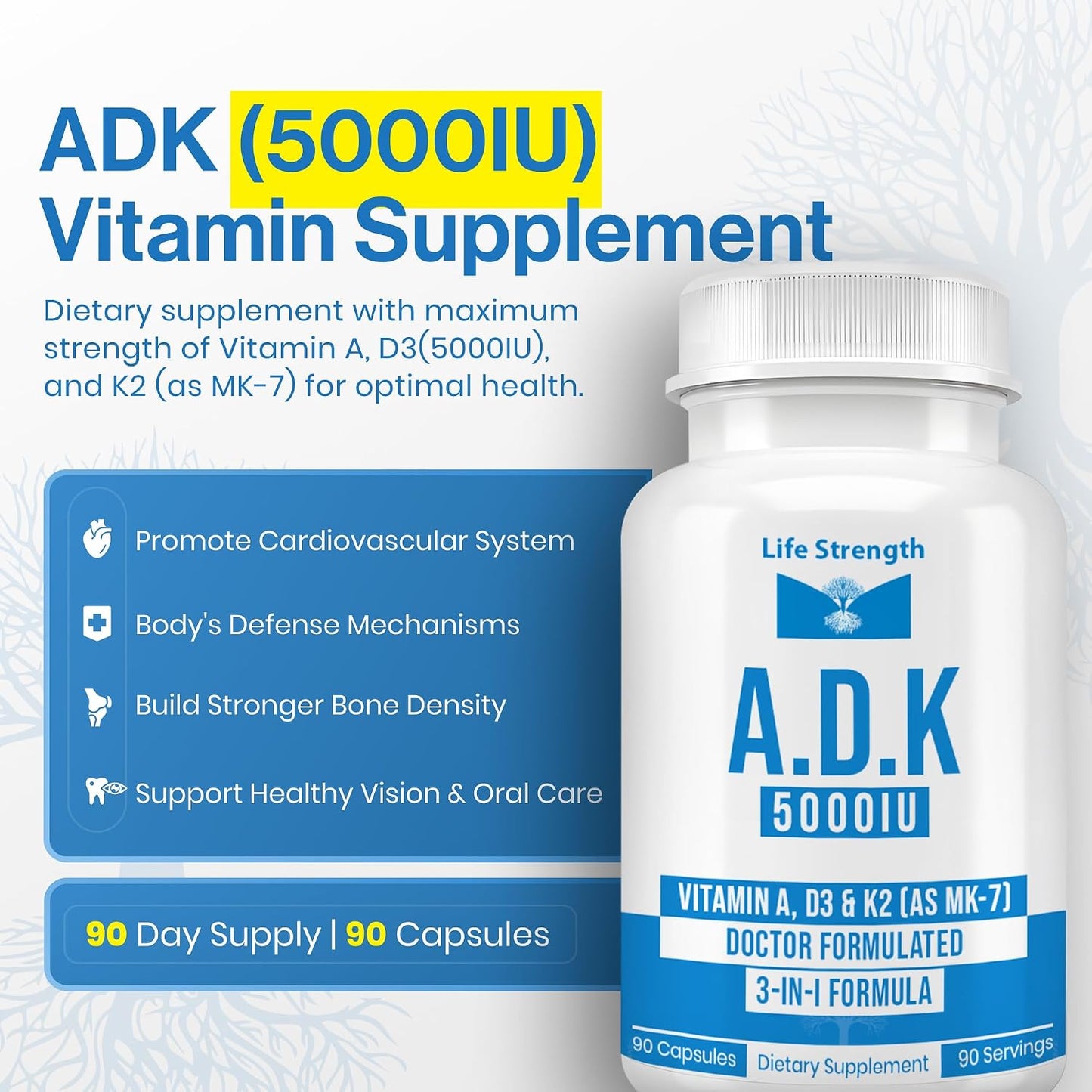 LifeStrength ADK 5 - Vitamin A, D3 5000 IU & K2 (MK-7) Supplement - 90 Capsules - görsel 4