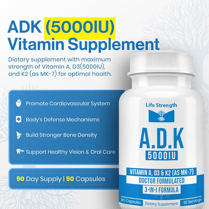 LifeStrength ADK 5 - Vitamin A, D3 5000 IU & K2 (MK-7) Supplement - 90 Capsules