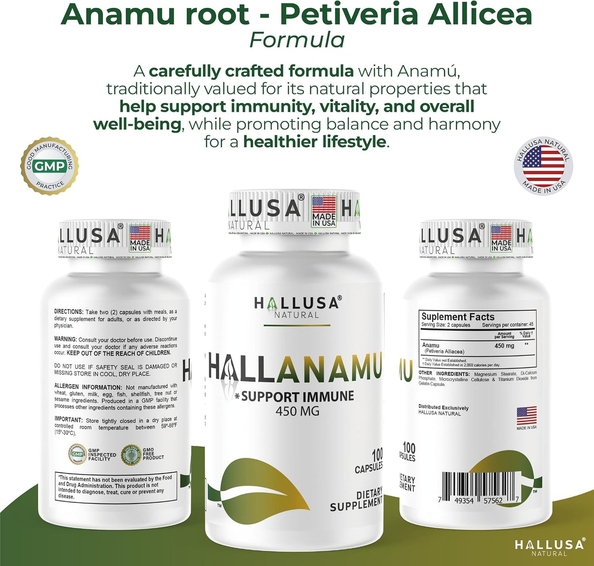 Hallusa Natural Anamu Root 450 mg – Petiveria Alliacea – Organic Anamu Capsules – Immune & Energy Support – 100 Capsules - görsel 7