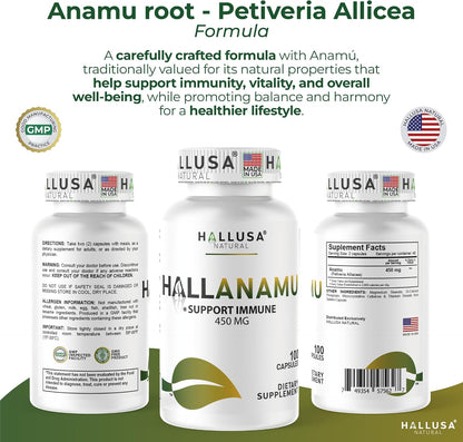Hallusa Natural Anamu Root 450 mg – Petiveria Alliacea – Organic Anamu Capsules – Immune & Energy Support – 100 Capsules