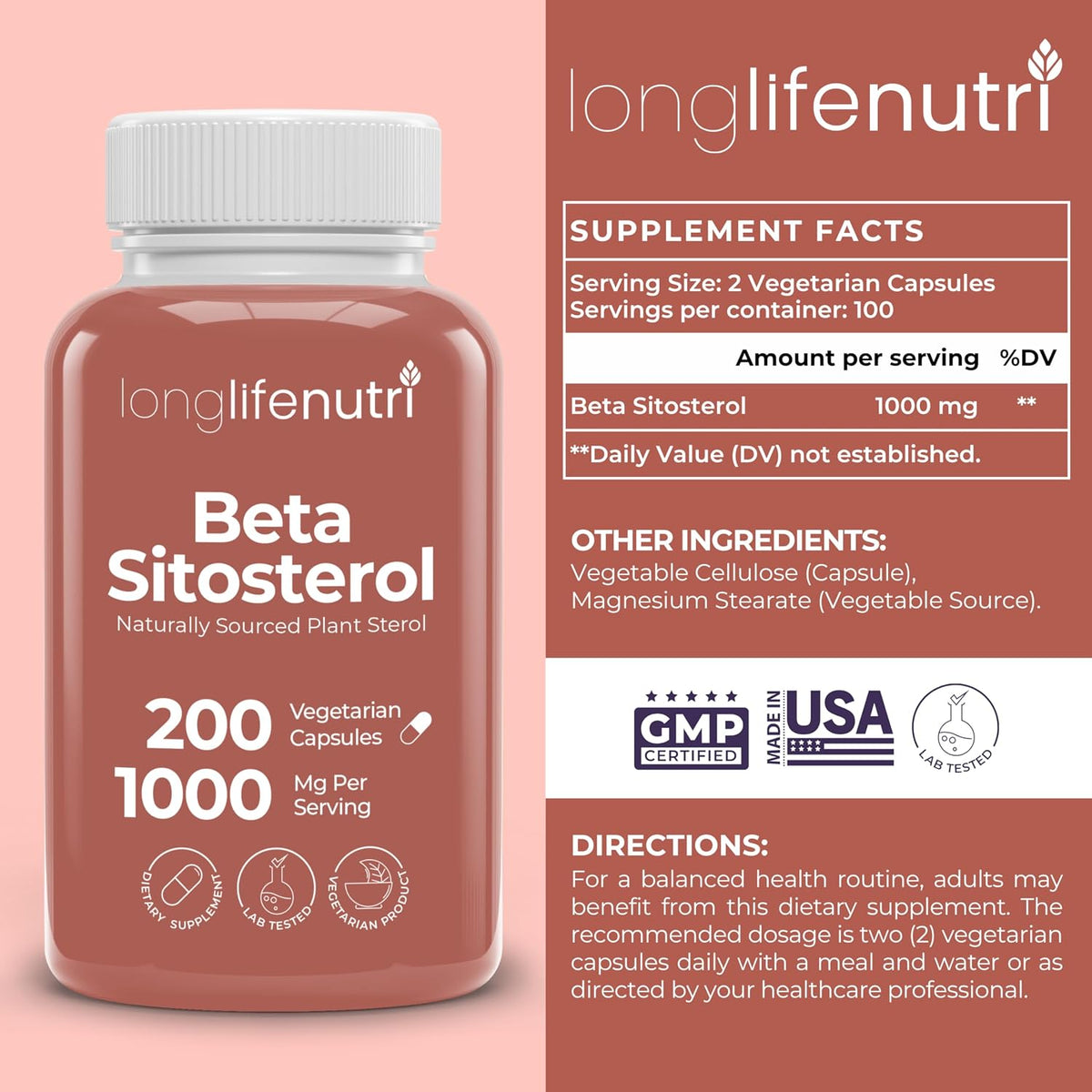 LongLifeNutri Beta Sitosterol 1000mg - Phytosterols Food Supplement, 200 Vegetarian Capsules, Plant Sterols for Daily Wellbeing & Dietary Balance, 100-Day Supply, GMP Certified, Made in the USA - görsel 2