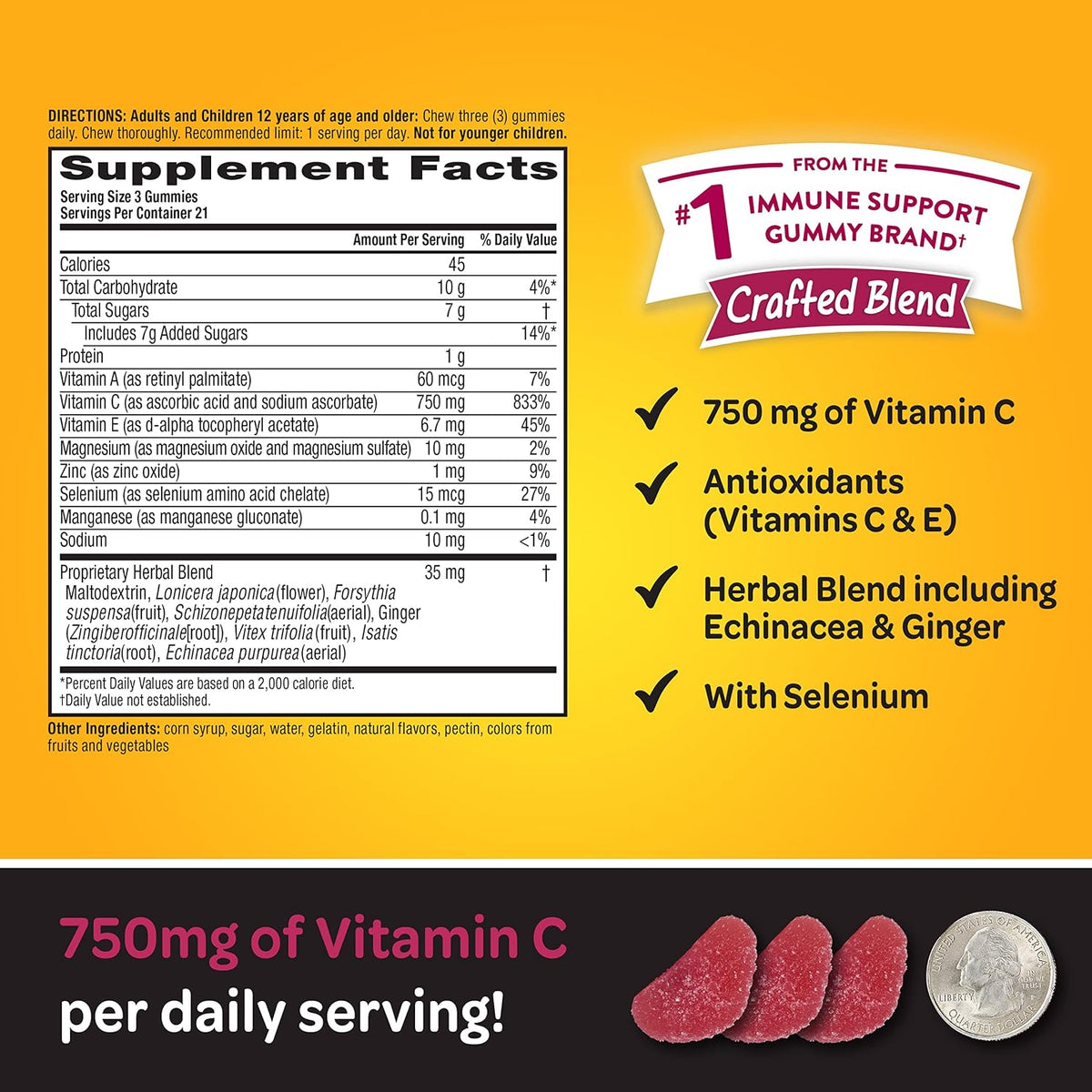 Airborne 750mg Vitamin C Gummies for Adults, Immune Support Supplement with Antioxidants Vitamins A, C & E – 63 Gummies, Blueberry Pomegranate Flavour - görsel 3