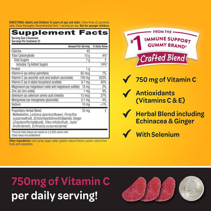 Airborne 750mg Vitamin C Gummies for Adults, Immune Support Supplement with Antioxidants Vitamins A, C & E – 63 Gummies, Blueberry Pomegranate Flavour