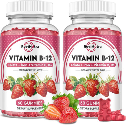 Vitamin B12 Gummies - 5000 mcg Methylcobalamin Complex with Iron, Vitamin C, D3 & Folate - Energy & Immunity Support - Vegan, Cherry Flavour - 60 Gummies