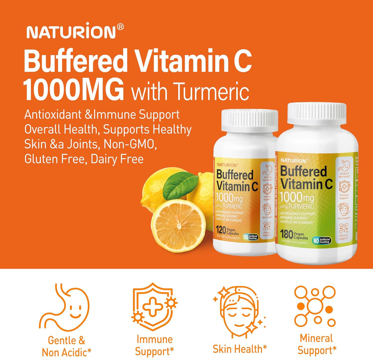 Buffered Vitamin C 1000 mg with Organic Turmeric - Supports Immune Function, Antioxidant, Healthy Skin & Joints - 180 Vegan Capsules - görsel 4